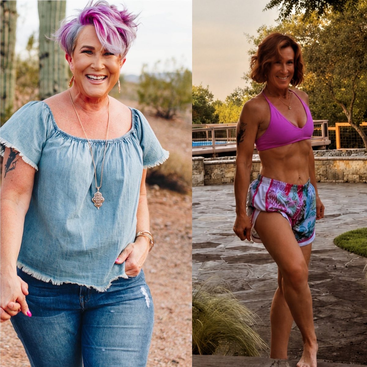 Sandi Krakowski before and after, front view: before in a denim top, after in a pink sports top