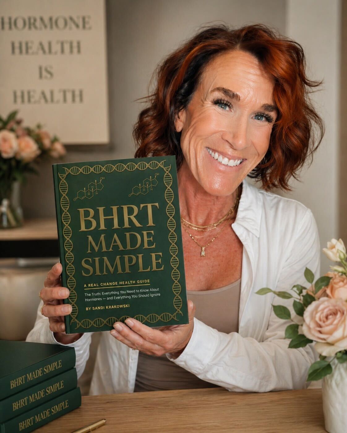 Sandi Krakowski holding the BHRT Made Simple book